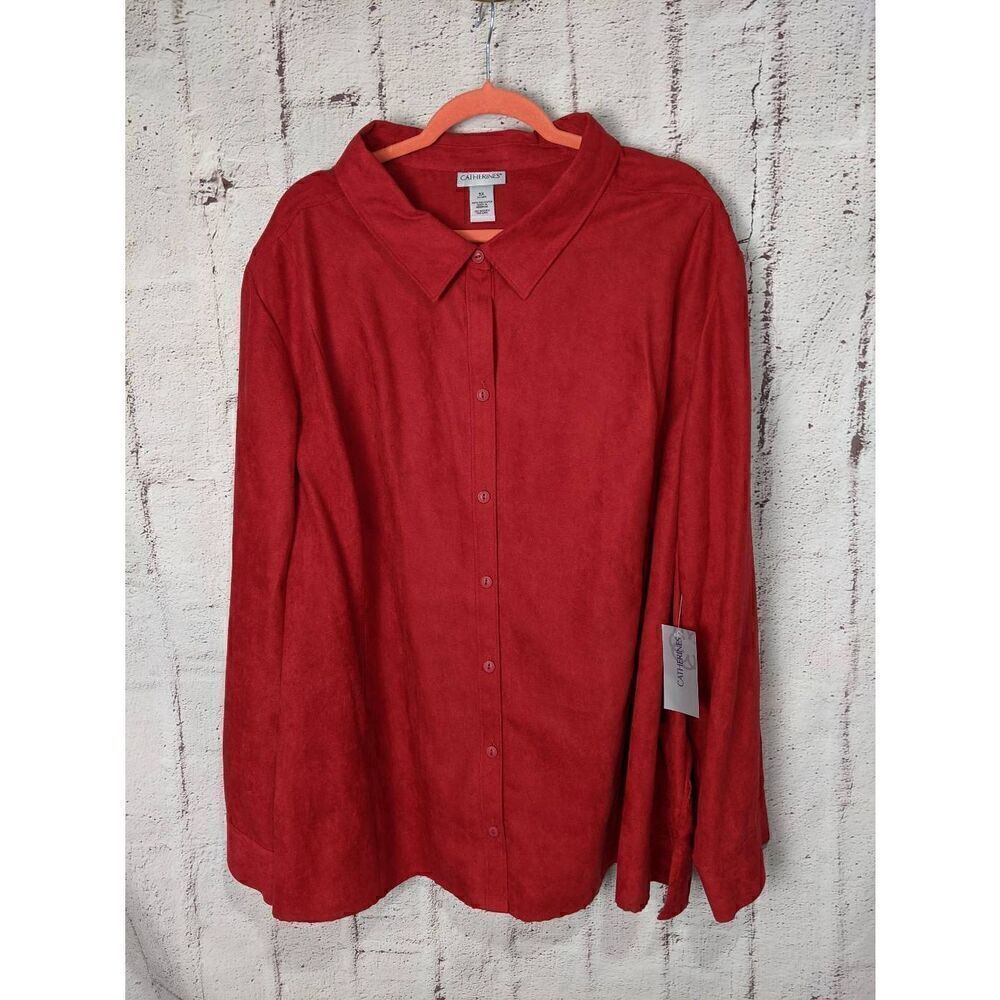 Catherines Red‎ Feels like Suede Button Front Shirt Blouse Womens Shirt 5X 34-36
